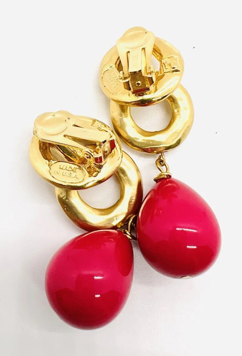 Large LES BERNARD Bright Pink Beaded Drop Dangle Earrings Signed Vintage Jewelry