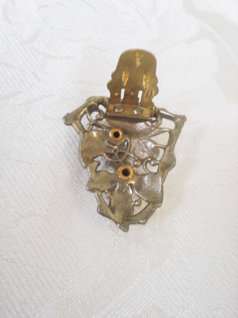 Art Deco New England Glass Works Dress Clip Rhinestone Flowers Brown Leaves KJ