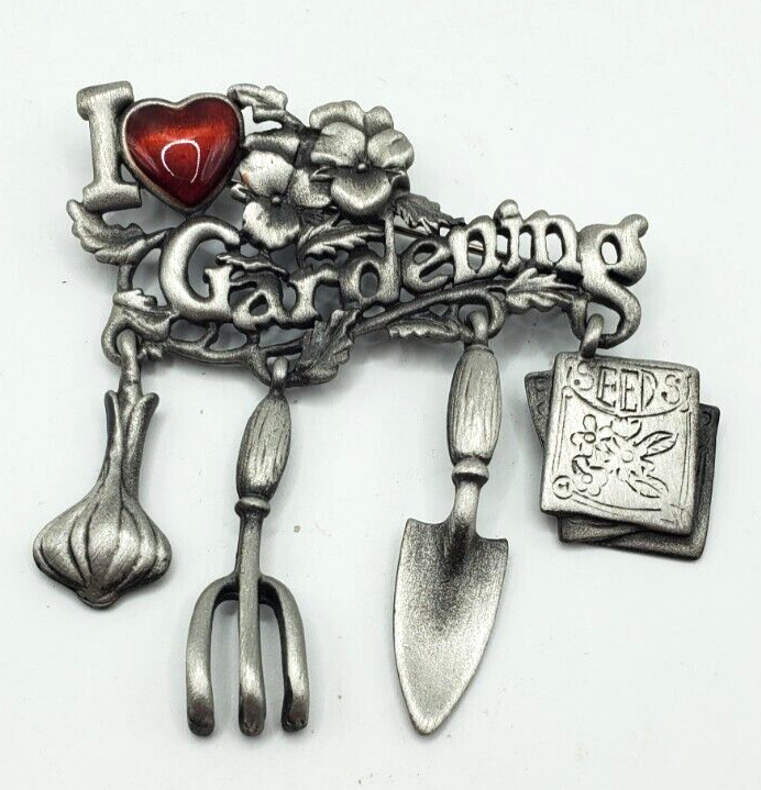Danecraft I Love Gardening Pewter Pin Brooch Vintage Red Enameled Heart