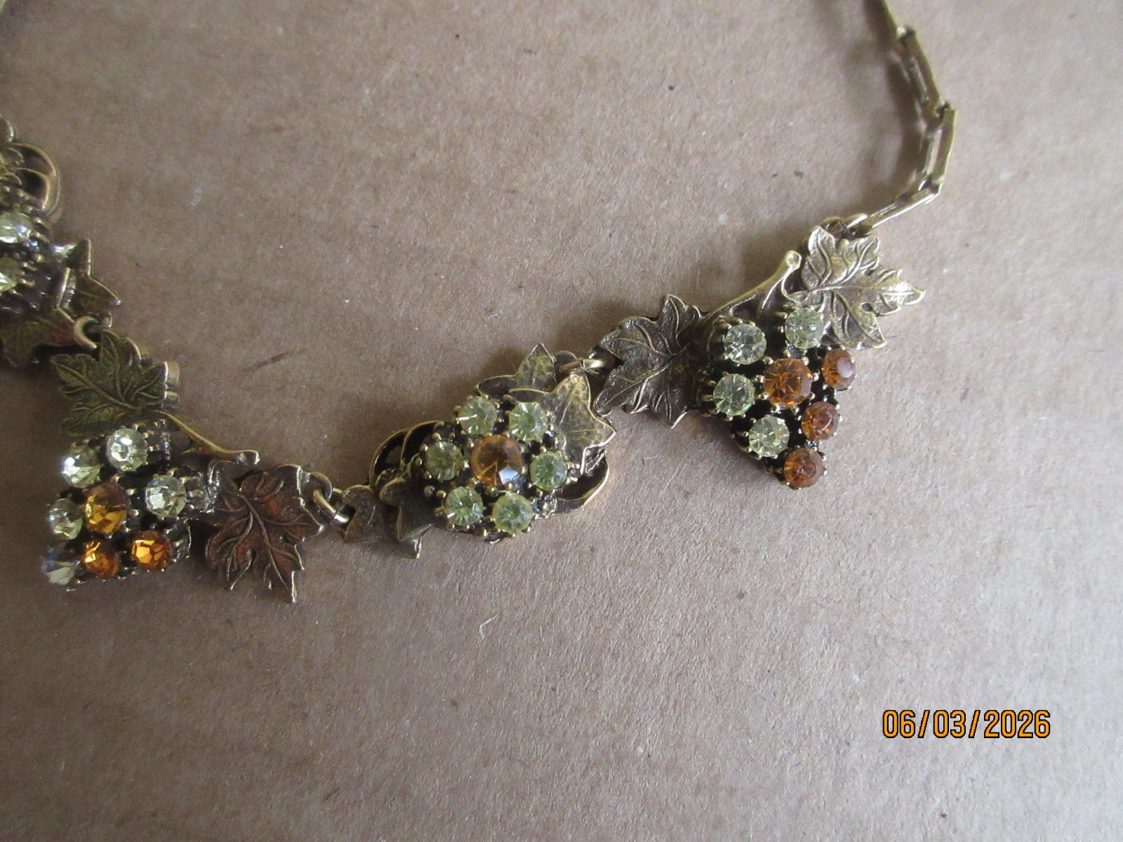 Vintage Unsigned Rhinestone Grape Cluster & Leaves Necklace