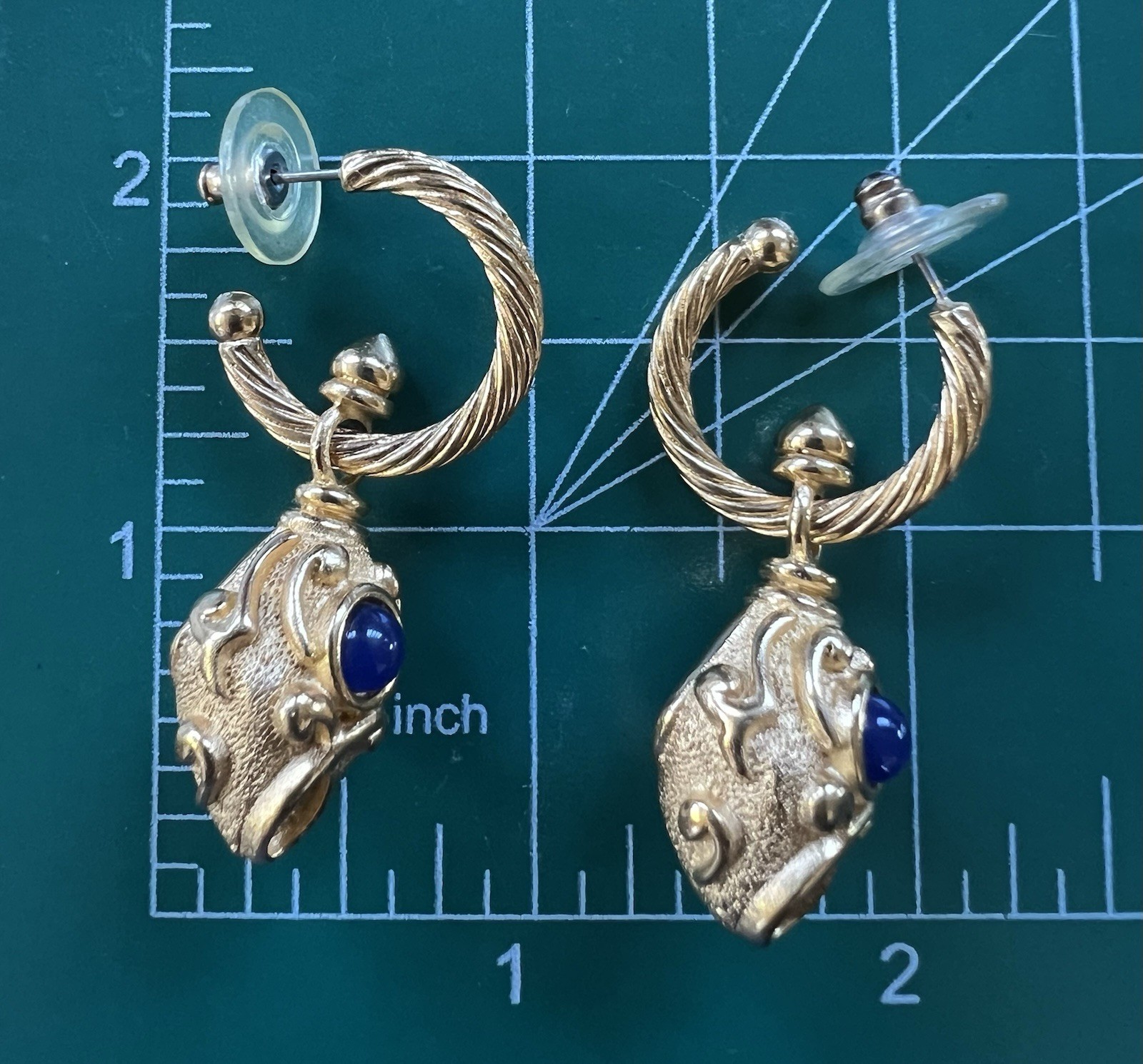 Vintage Estate Gold Tone Faux Cabochon Lapis Lazuli Dangle Drop Pierced Earrings