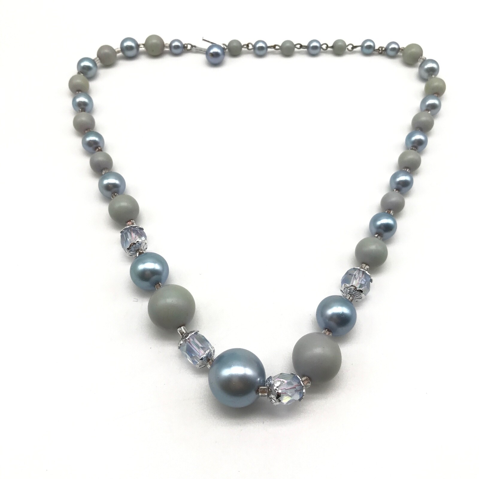 Vintage Japan Blue Gray Acrylic & AB Crystal Beaded Strand Necklace