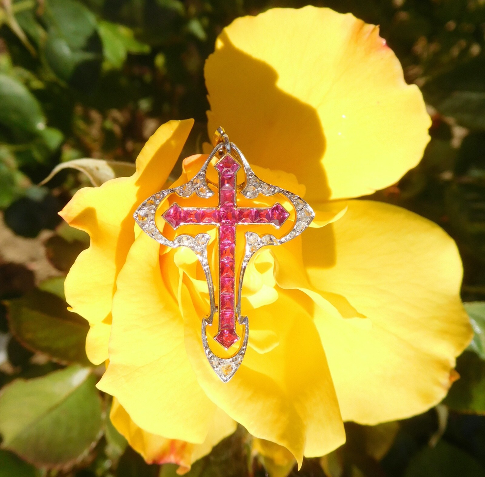 Belle Époque Art Nouveau 18K Rose Gold Platinum Diamonds Rubies Cross Pendant 🥀