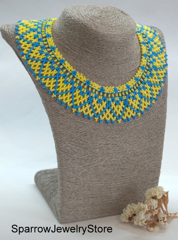 Blue yellow seed bead choker Czech glass bohemian necklace Ukrainian sylianka