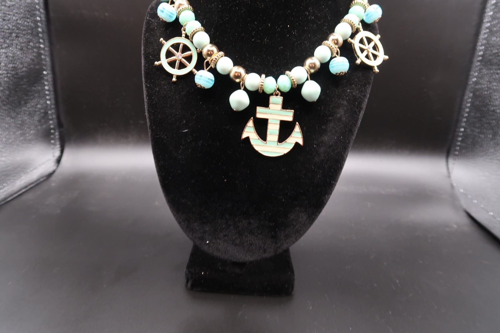 Vtg Nautical Beaded Charm Station Necklace Anchor Ship Wheel Teal & White Enamel