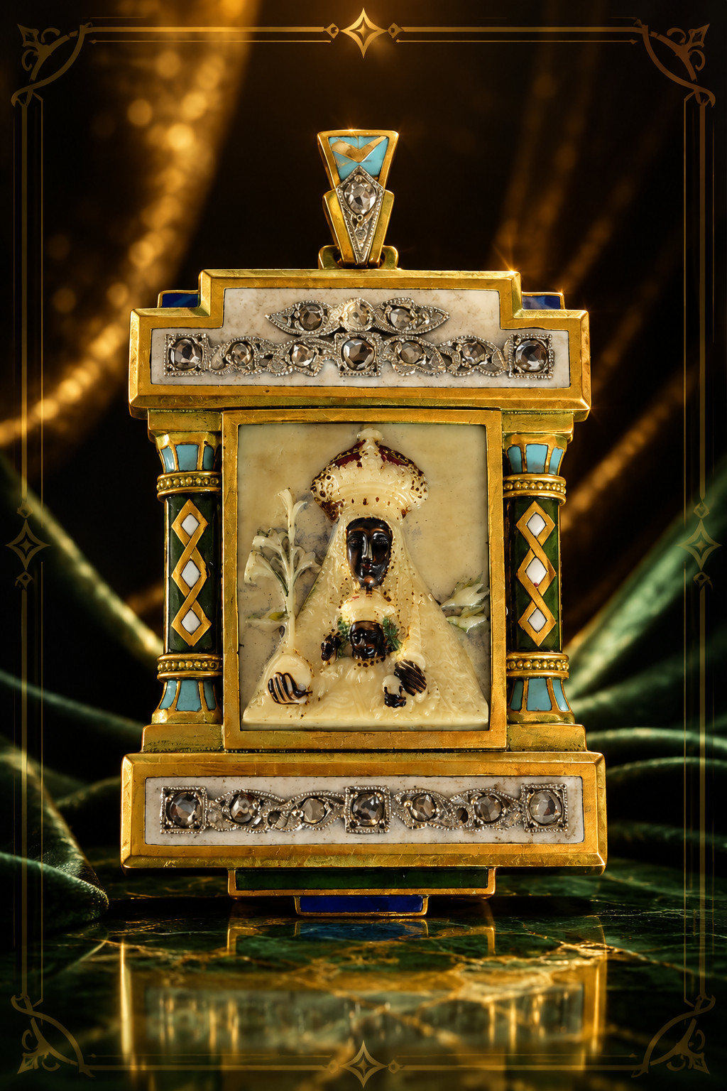 Antique 18K Gold Black Madonna Pendant Rose Cut Diamond Enamel Religious c1900