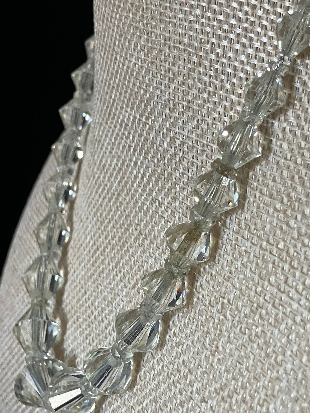 Vintage Art Deco Faceted Crystal Necklace Silver Chain Faceted Bi-cone Beads 16″