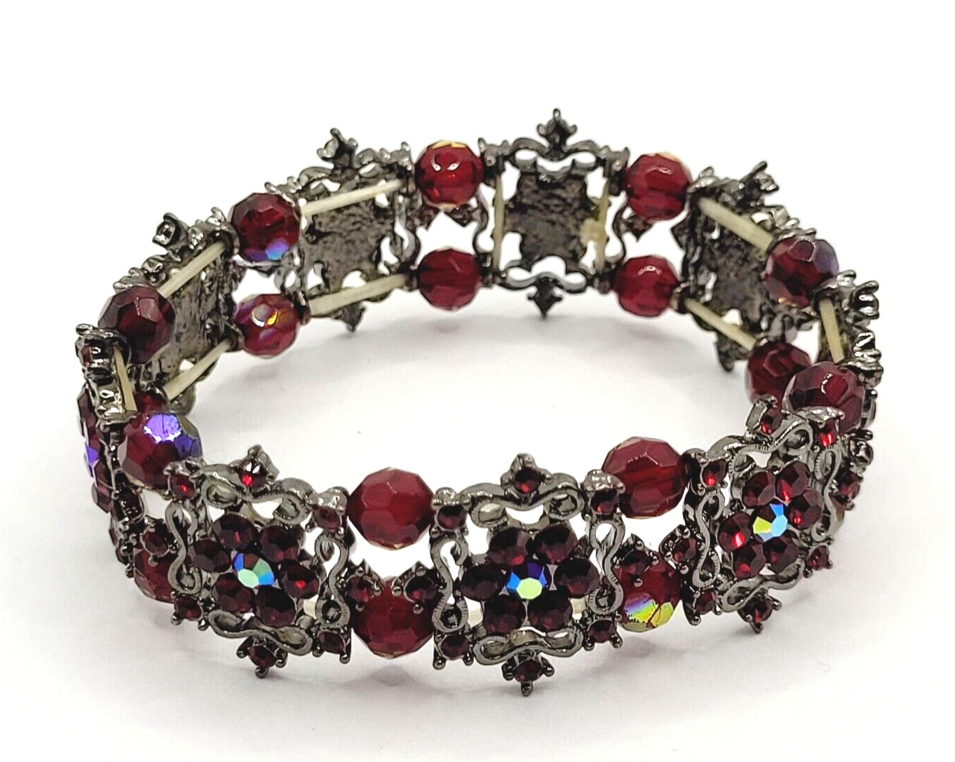Red AB Crystal Sparkle Flower Floral Metal Ornate Fancy Event Stretch Bracelet