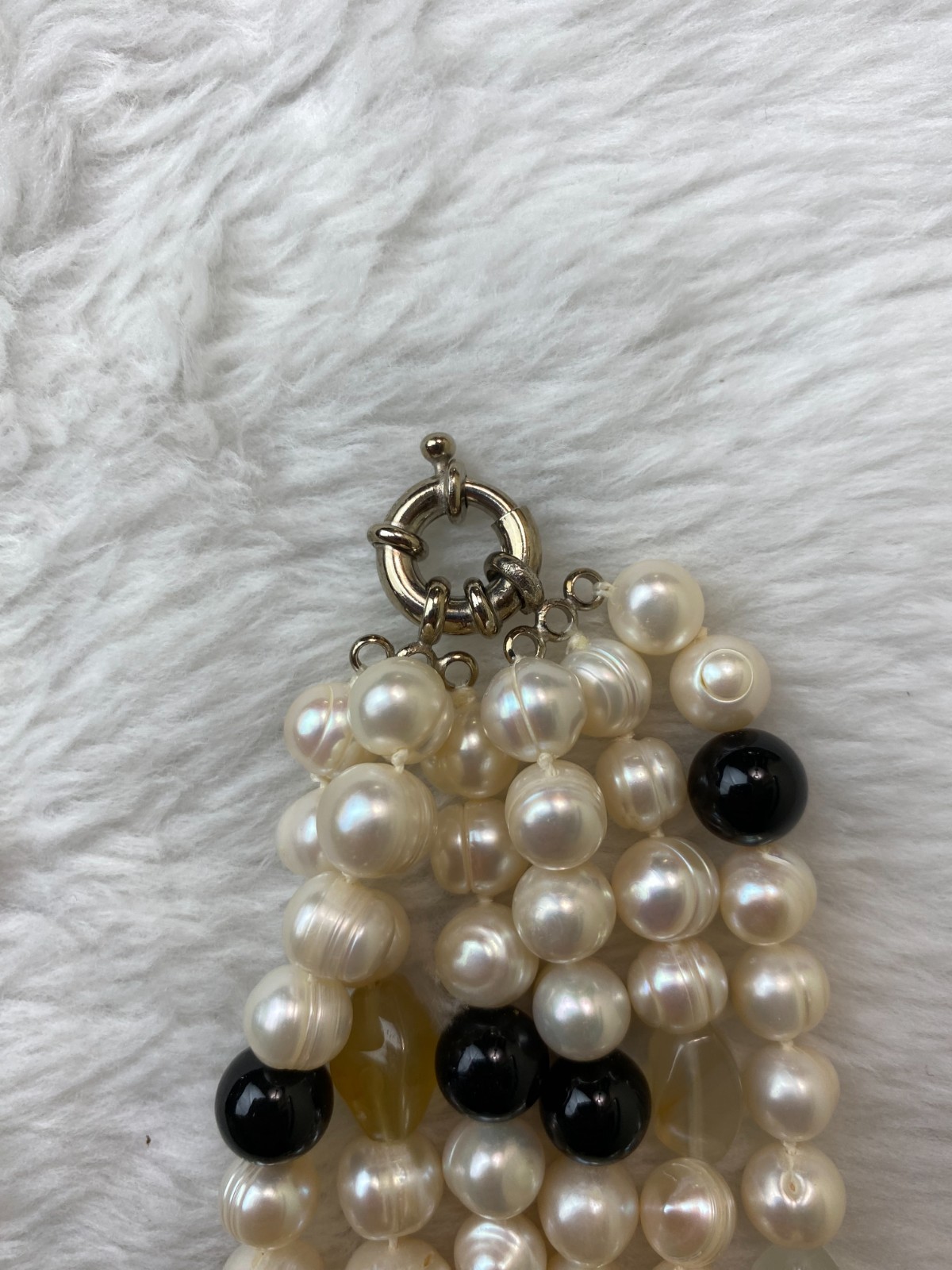 Vtg 1950s Japan Knotted Faux Pearl Multi-Strand Necklace Cream Amber Black 18″