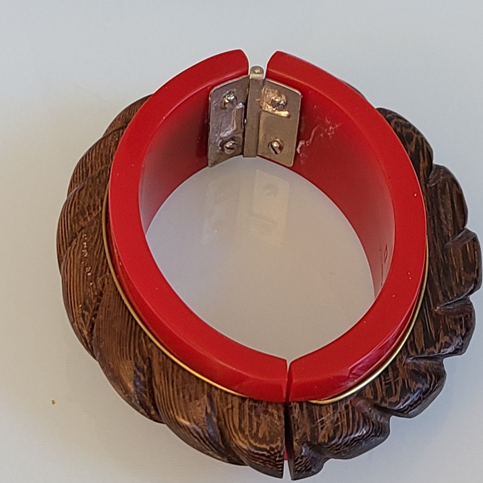 DANNIJO Vintage Carved Wood & Red Resin Hinged Bangle Bracelet Chunky Boho Cuff
