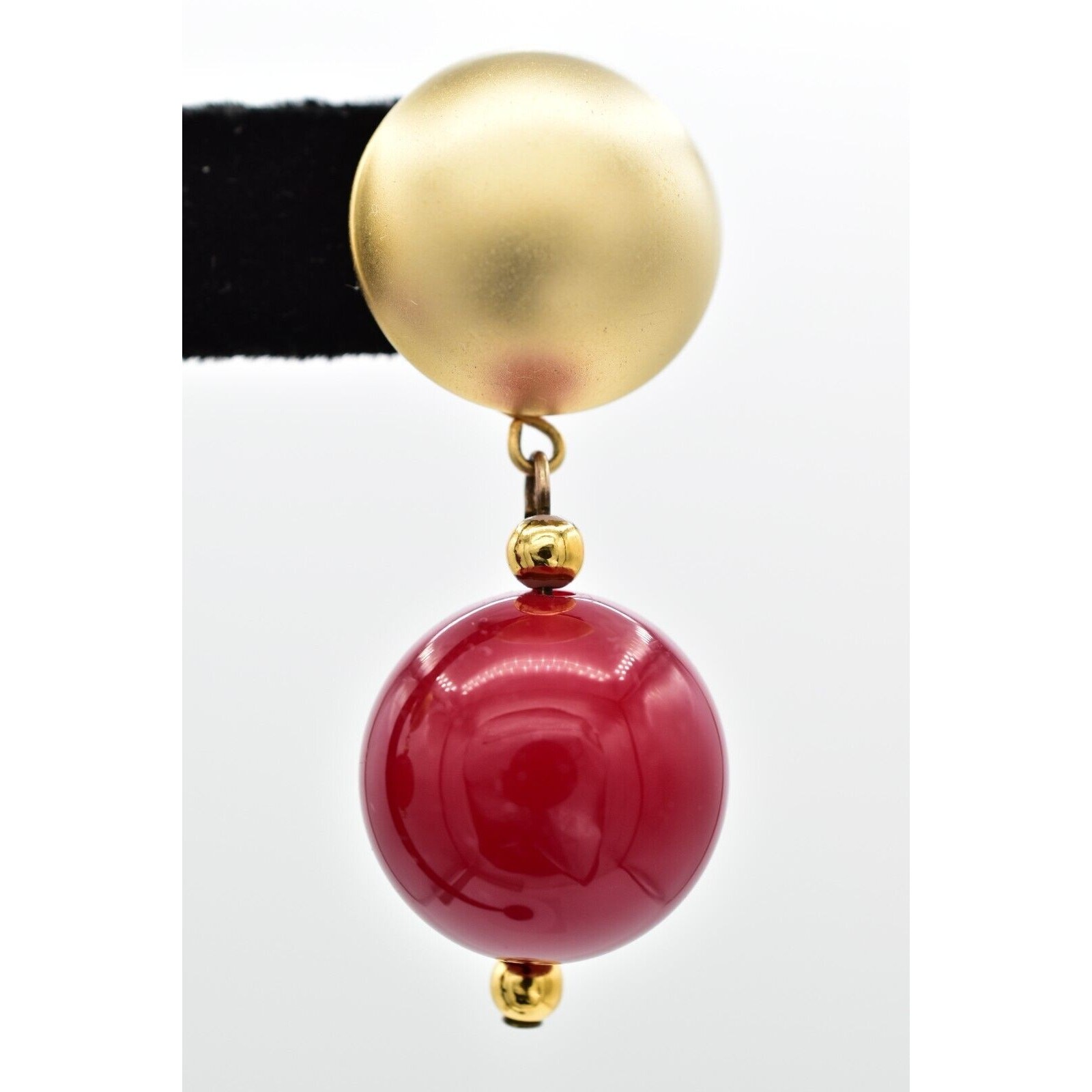 Vintage Dangle Beaded Earrings Chunky Drop Brushed Gold Red Retro 1980s BinBF