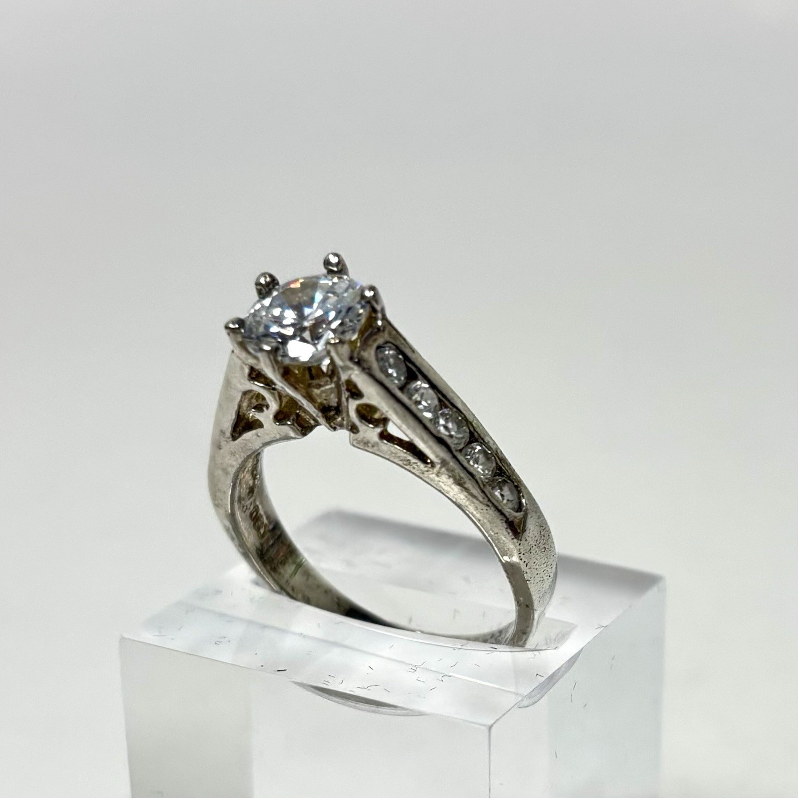 DBJ Ring Sterling Silver Filigree CZ Solitaire Channel Set CZs Size 7.75 Vintage