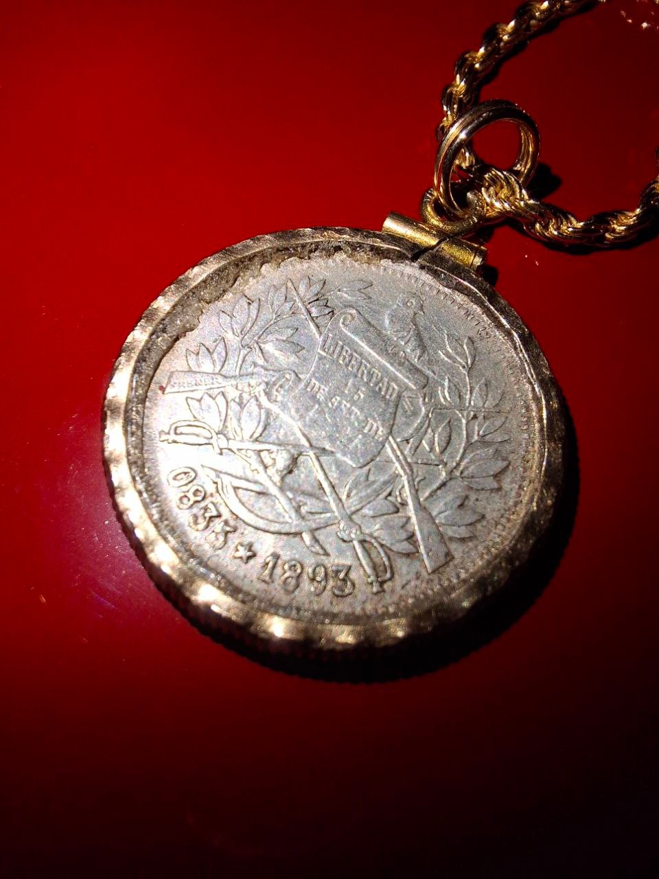 1893 Guatemala Silver & Hammered Gold Coin Necklace, 1 Real, USA Shop Made COA