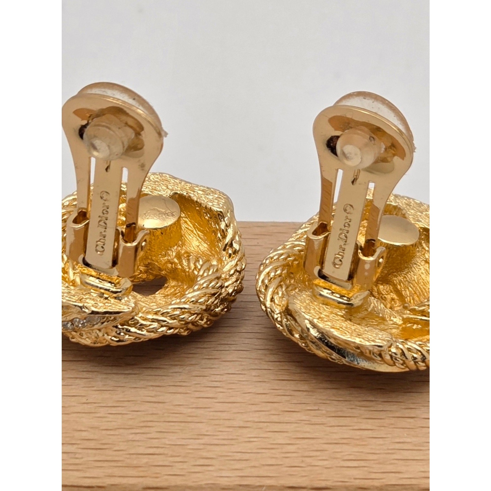 Vintage Christian Dior Rhinestone Rope Twist Knot Clip On Earrings Gold Tone