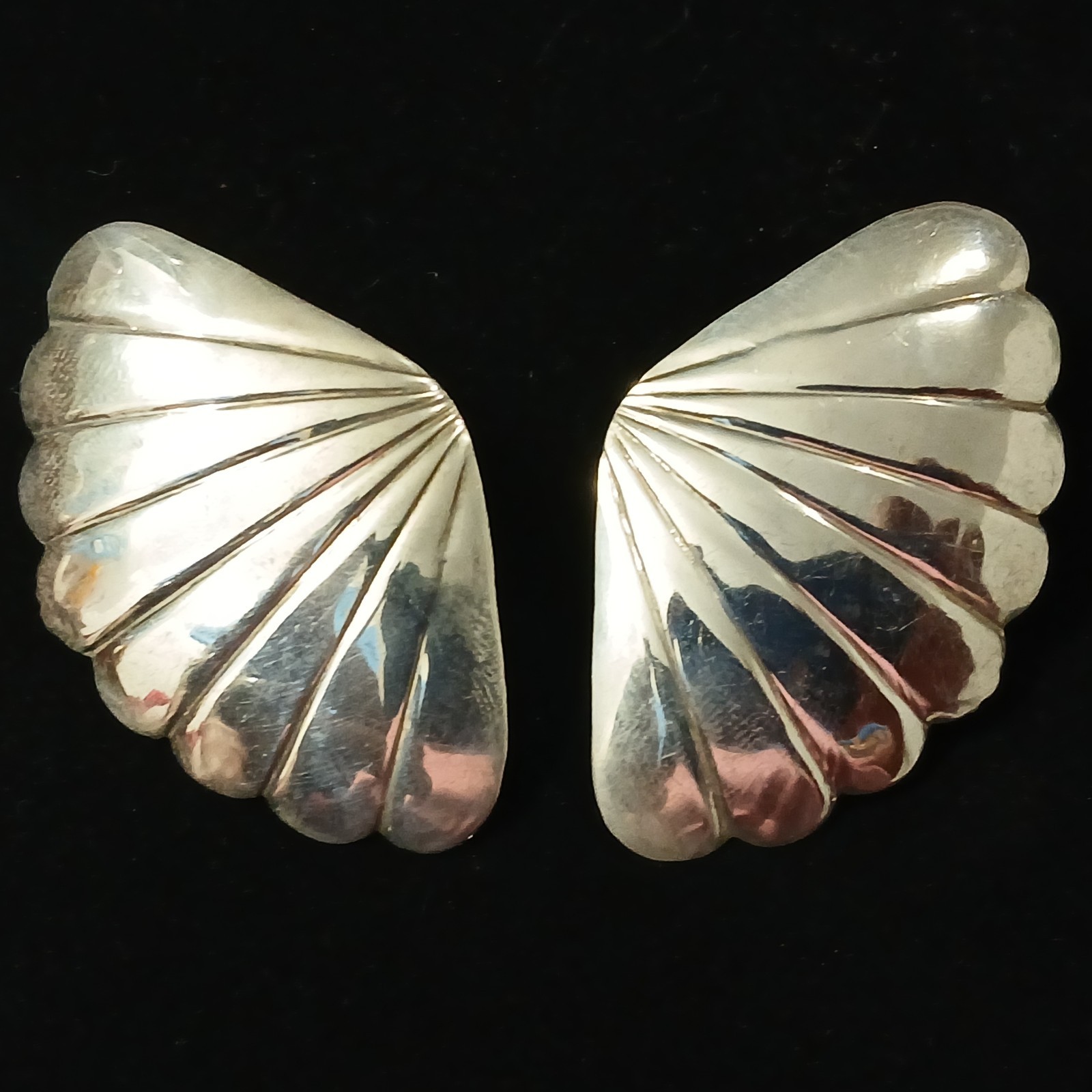 VTG Sterling Scalloped Earrings 925 Silver Fan Boho Nautical Statement 1 7/8″