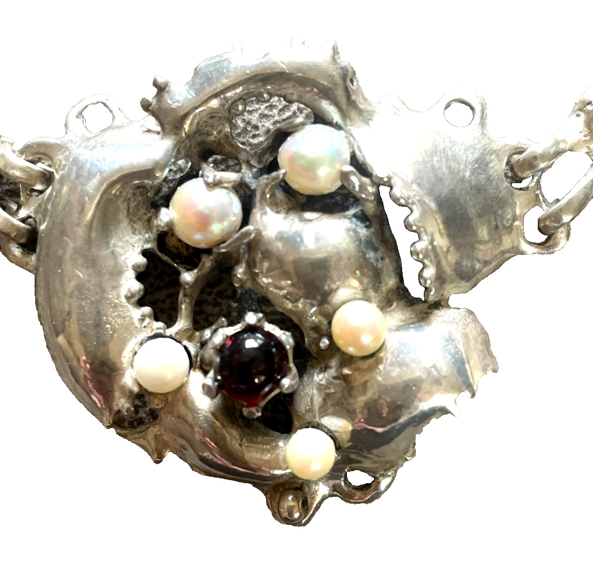 Vintage Brutalist Sterling Silver Necklace Pearl Garnet Organic Modernist 49g
