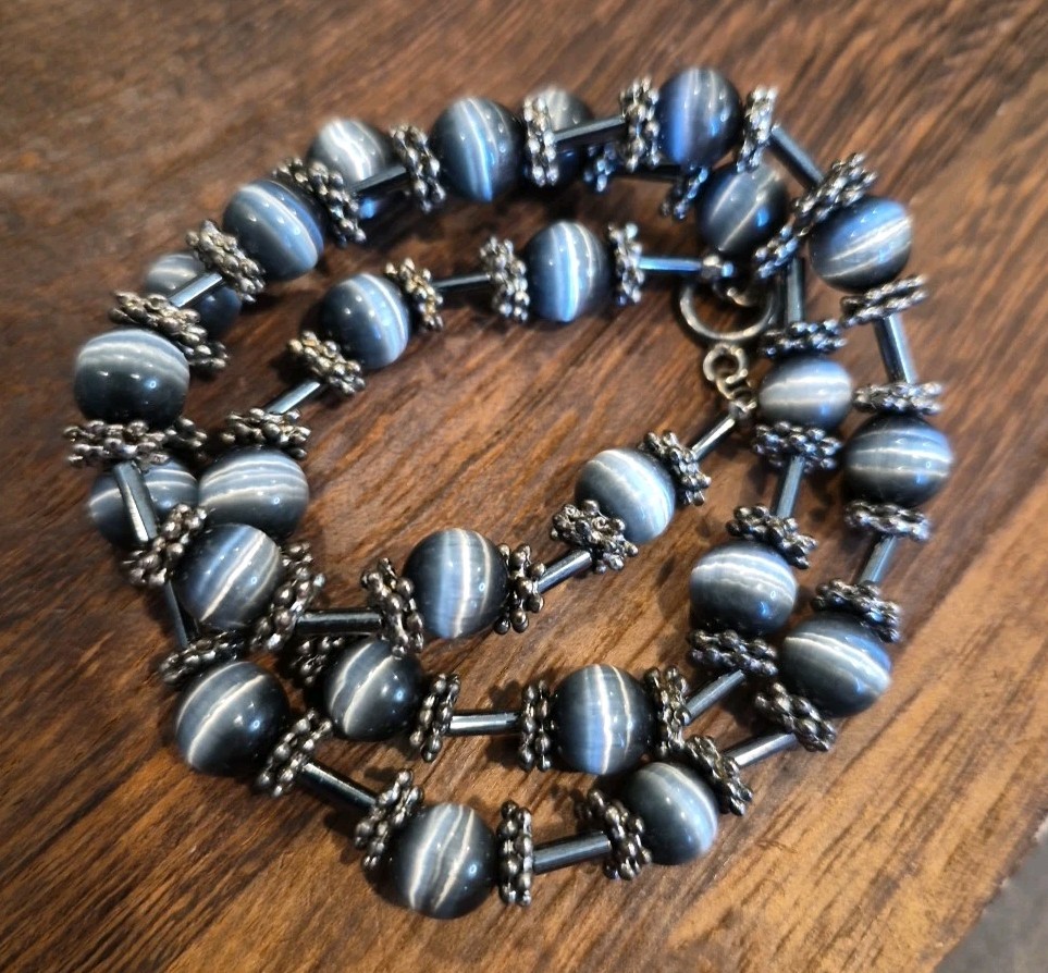 Vintage Glass Bead Necklace w/ Intricately Detailed Spacers, Toggle Closure