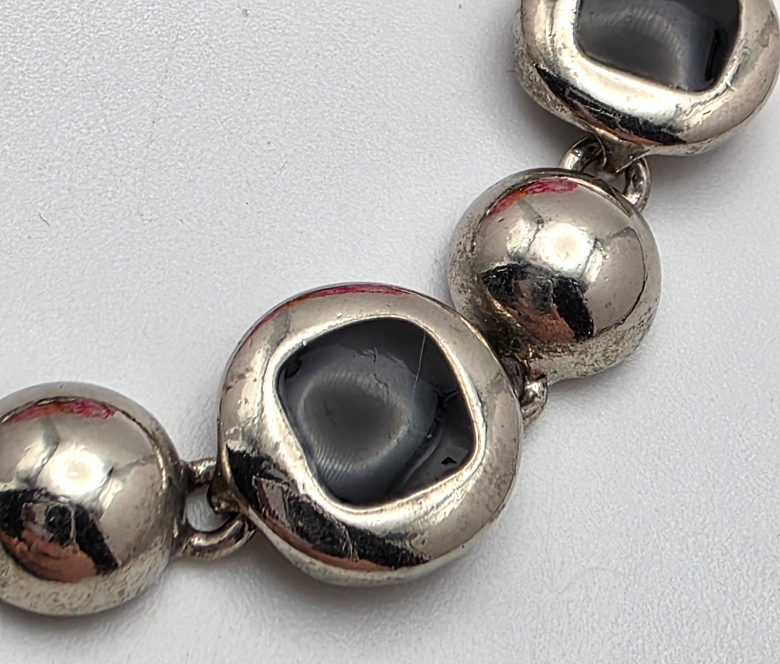 Vintage Silver Tone Black Enamel Link Bracelet Chunky Modernist 7in