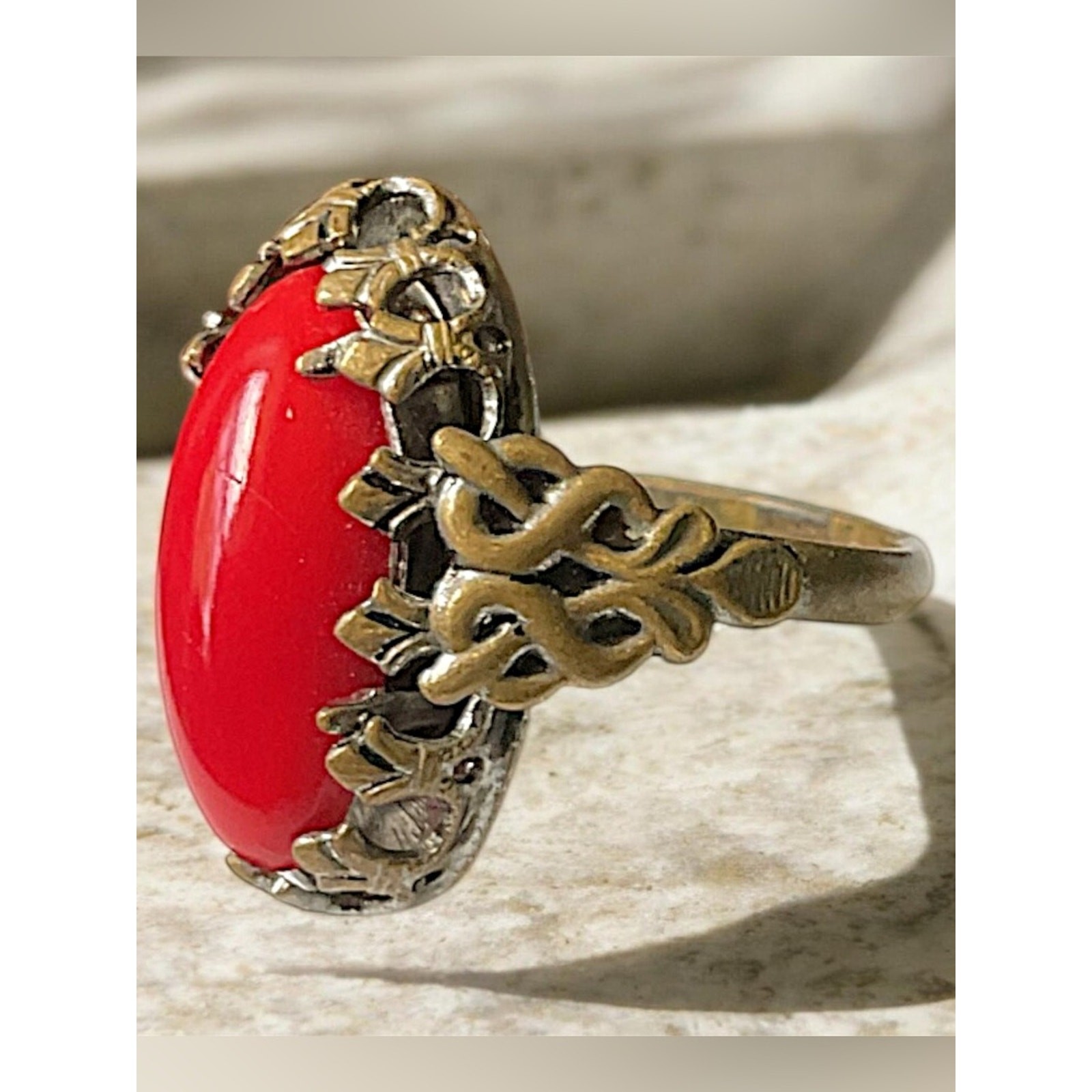 Vintage Red Coral Filigree Gold Tone Ring Size 7