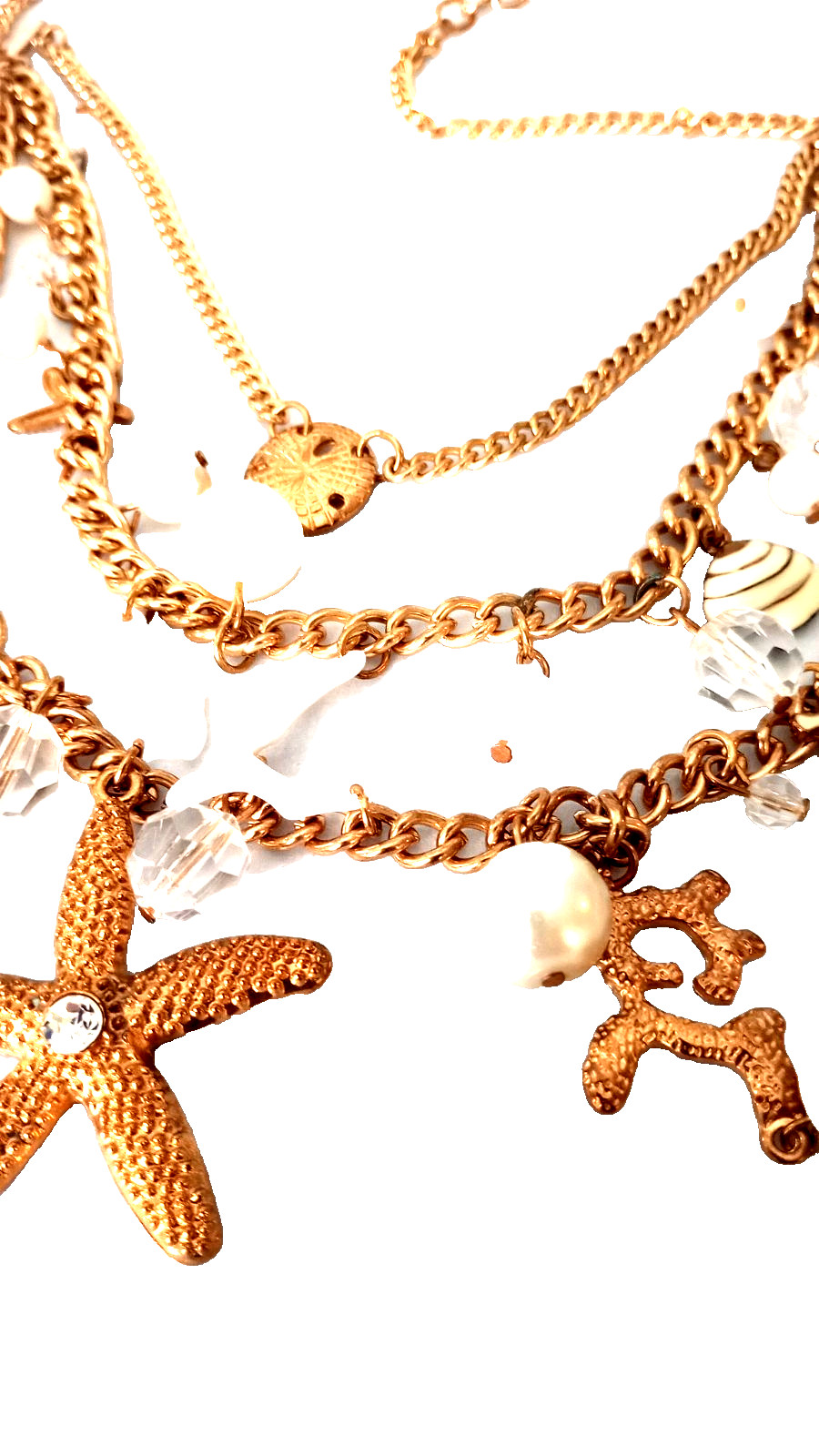 Vintage Sea Life Necklace Seahorse Starfish Shell.Gold Tone 3 Strands 24 in