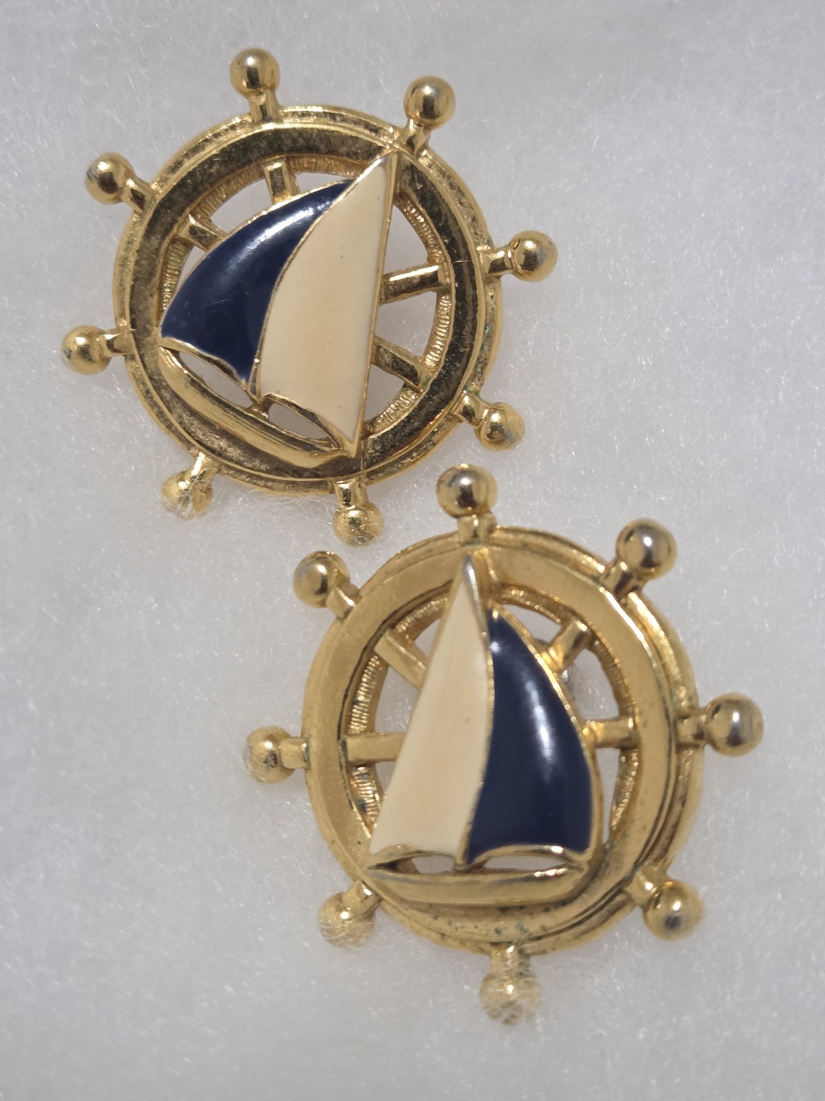 Vintage Avon Nautical Sailboat Earrings | Enamel Ship Wheel Studs