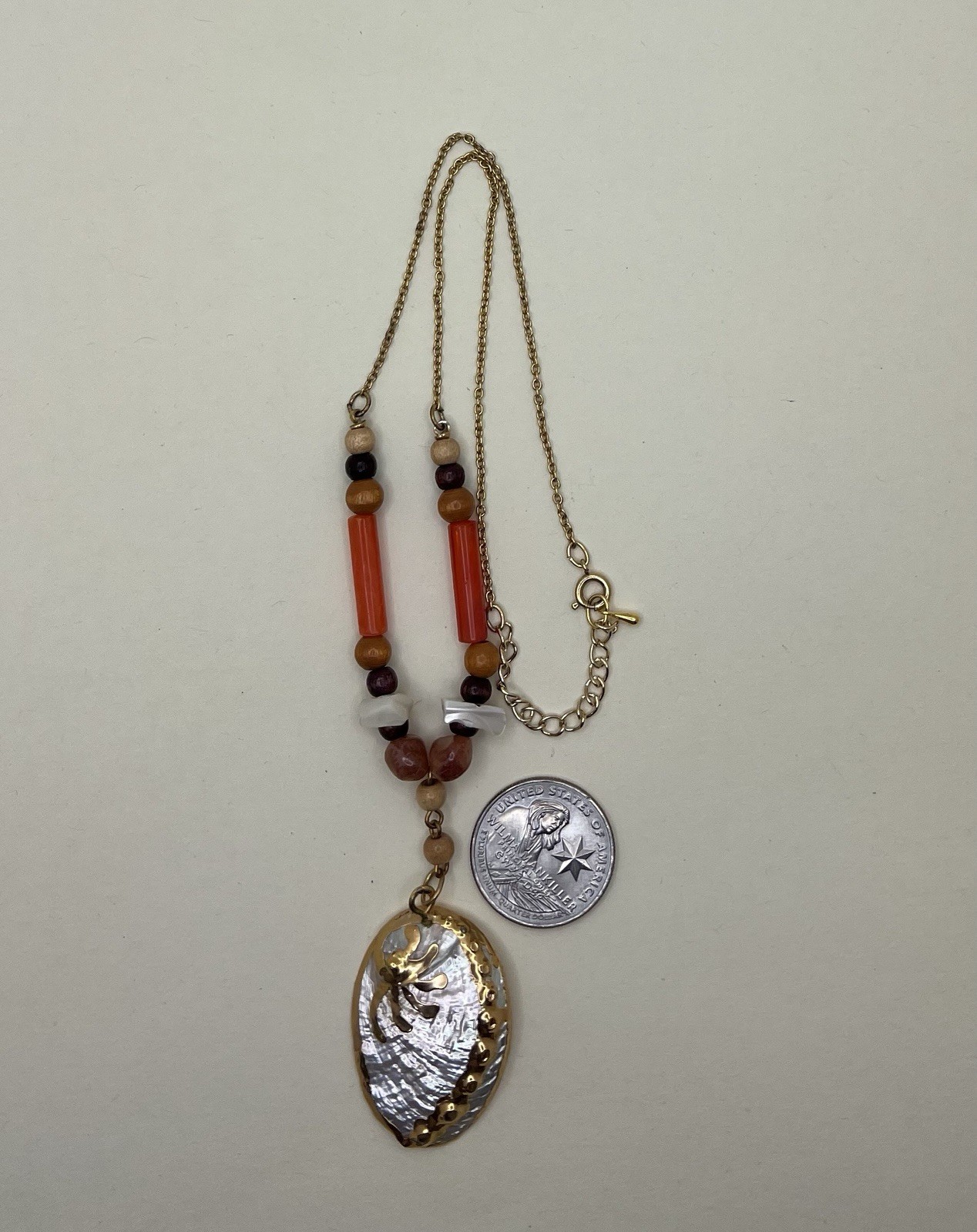 Unbranded Abalone Shell Pendant w/Gold Tone Gilt Natural Beads On Goldtone Chain