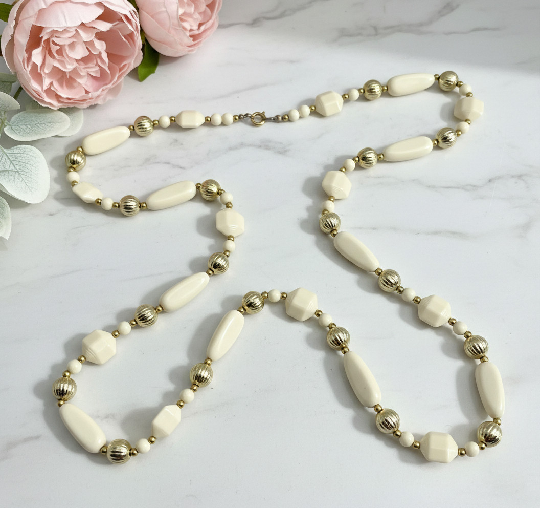 Vintage Lucite Necklace, Ivory Beads Gold Tone Accents, 36 In Mid Century