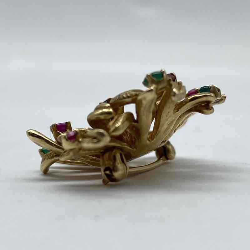 Vintage 13K Yellow Gold Ruby Sapphire Emerald Floral Brooch Pin Tested 1″ 7.6g