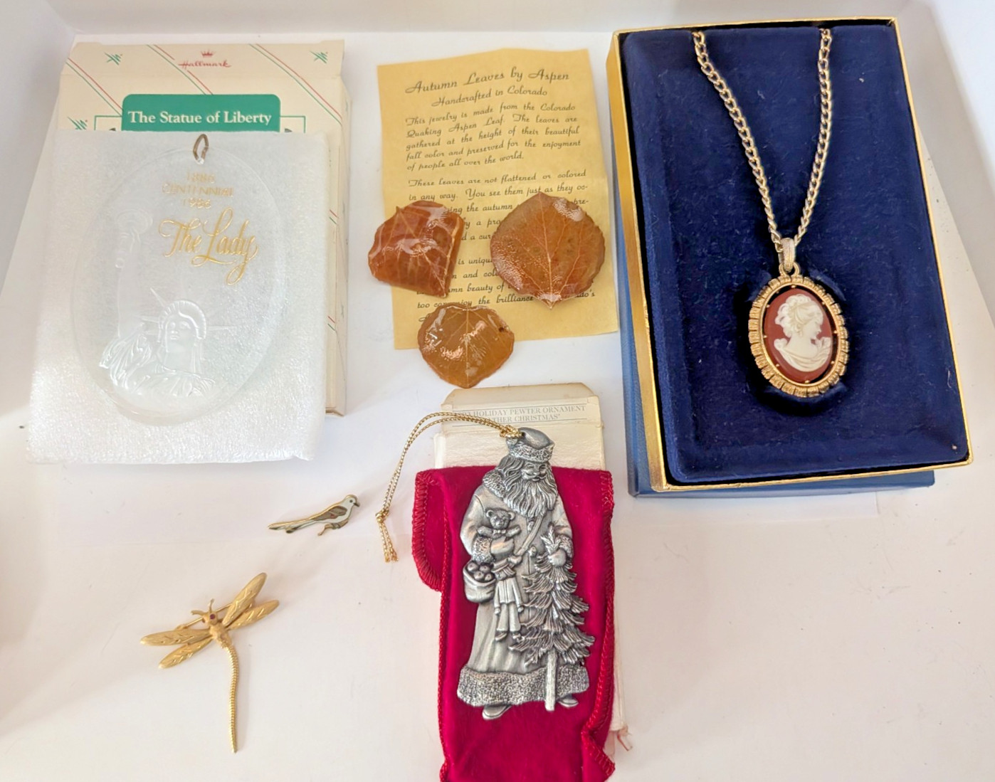 Avon Cameo Necklace + 1993 Pewter Ornament + Aspen Leaf Jewelry Lot NICE