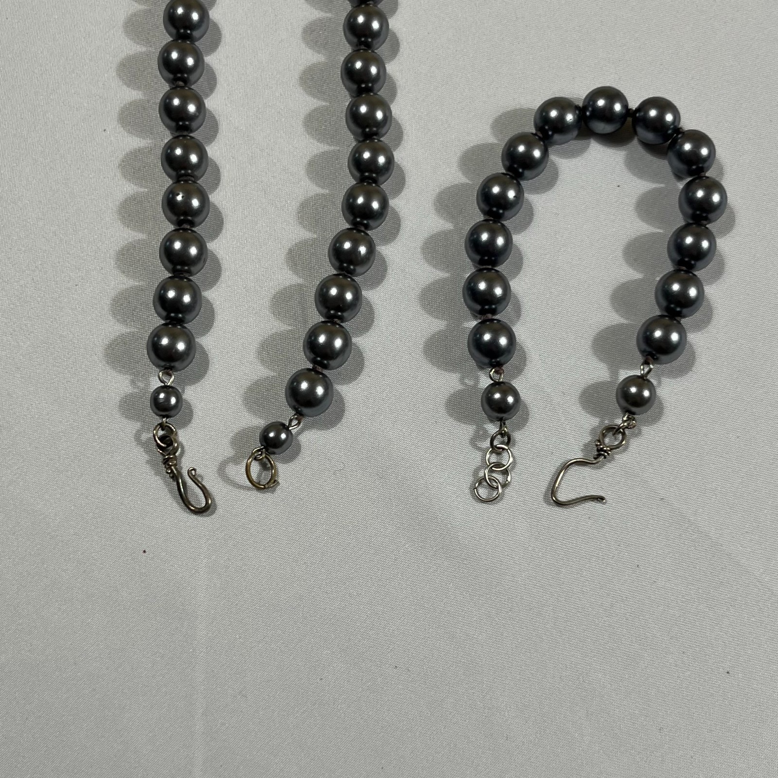Dark Gray Pearl Strand Necklace and Bracelet Set Classic Elegant Goth Boho