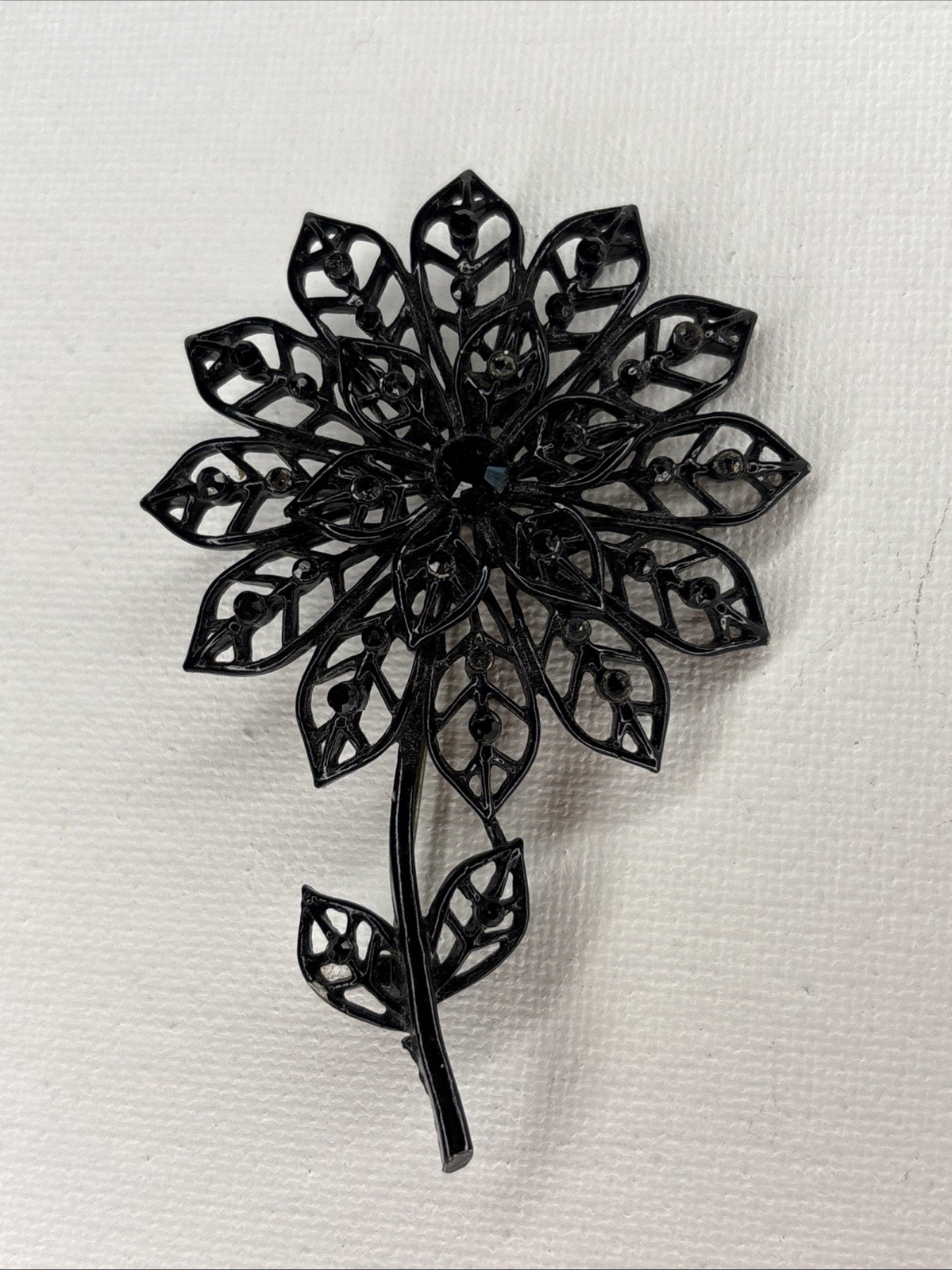 VTG Costume Jewelry Black Enamel Filigree Flower Brooch Pin Black Rhinestone 3”