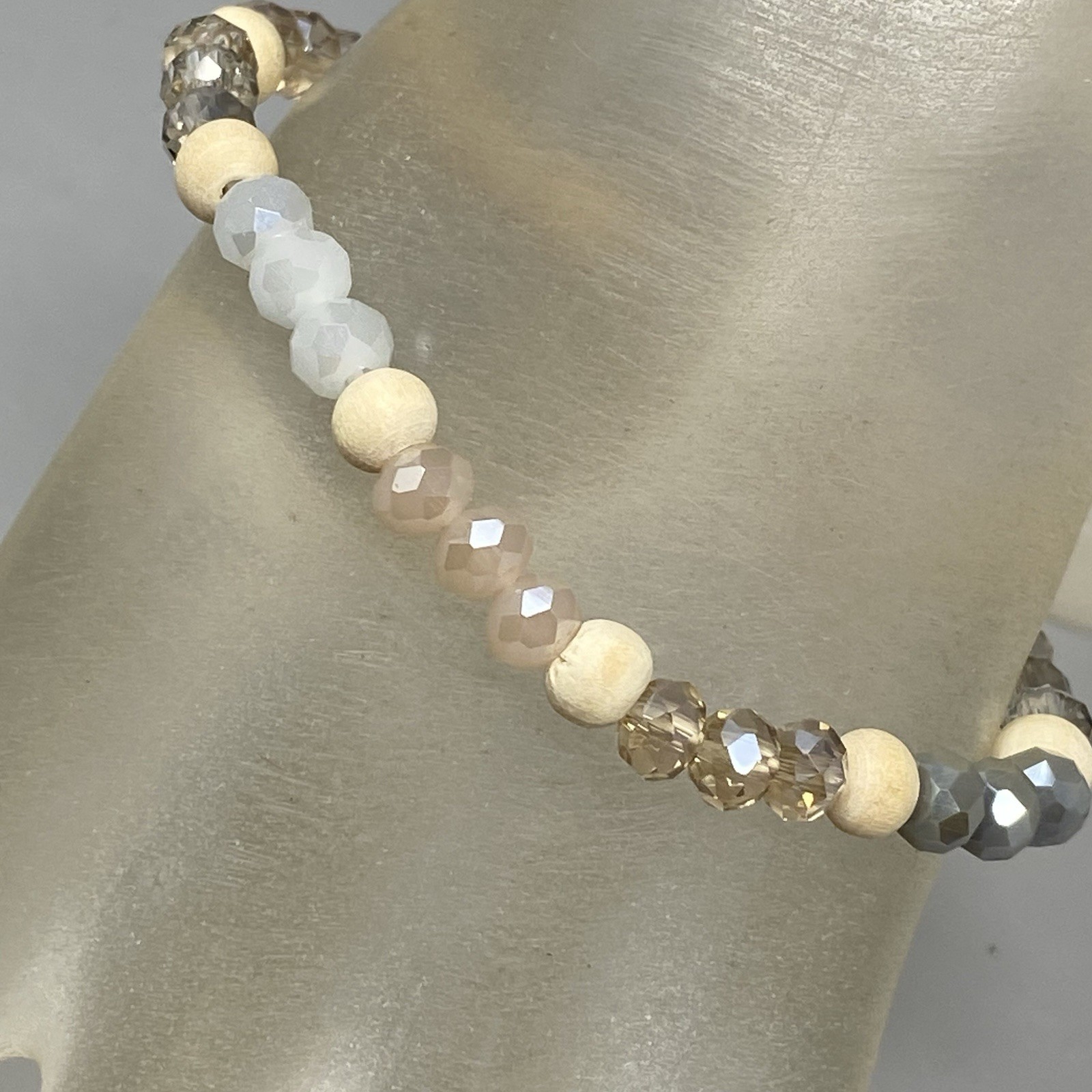 Glass Beaded Bracelet Gray Cream Clear Fire Polished Faceted Stretch Elastic 7″