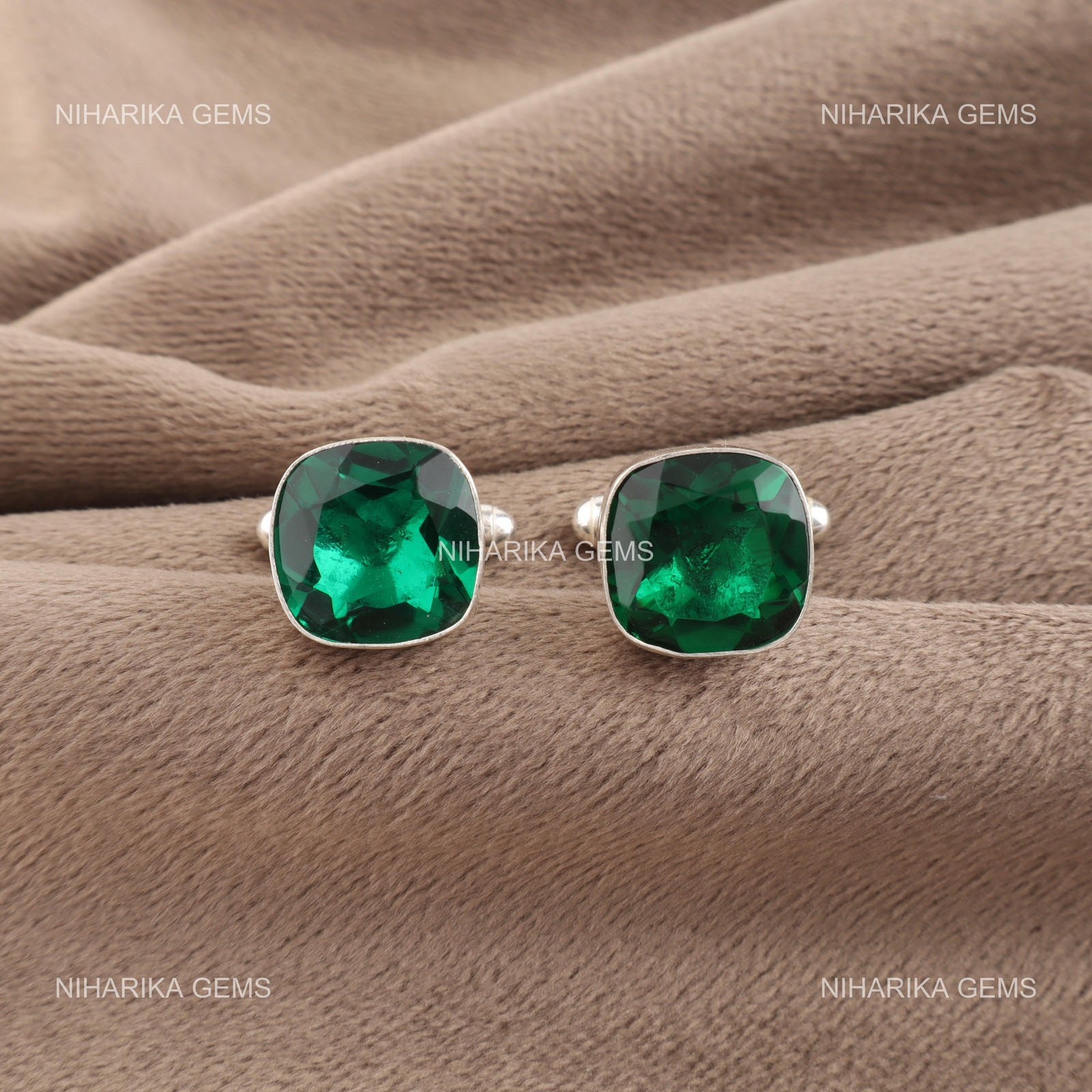 925 Sterling Silver May Natural Green Emerald Brother Gifts Art Deco Cufflinks
