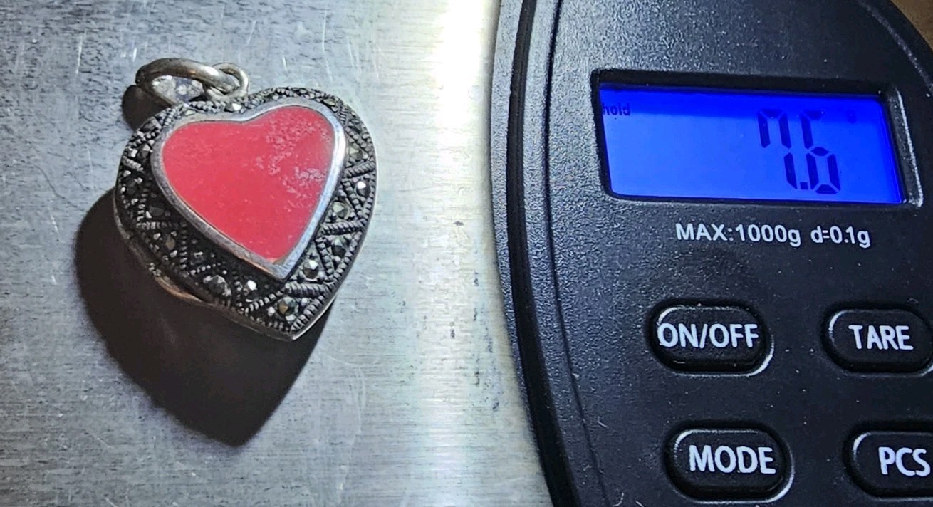 Sterling Silver Marcasite Puffy Heart Locket Pendent Charm Red Coral Center
