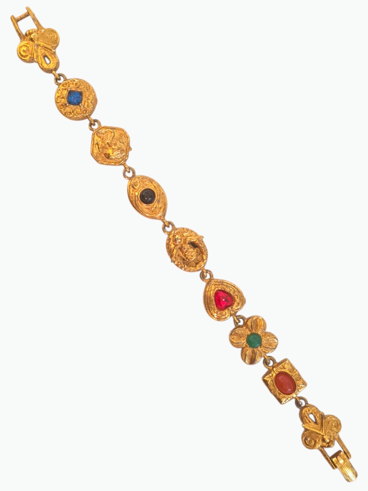 VINTAGE UNSIGNED GOLDETTE VICTORIAN REVIVAL SLIDE CHARM BRACELET