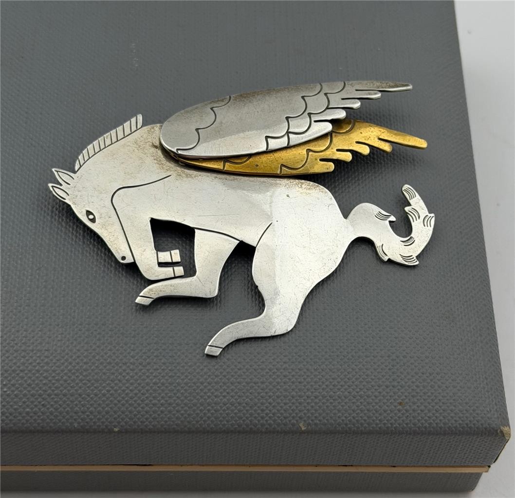 Vintage 925 Sterling Silver & Brass Mexico TS-78 Pegasus Winged Horse Brooch Pin