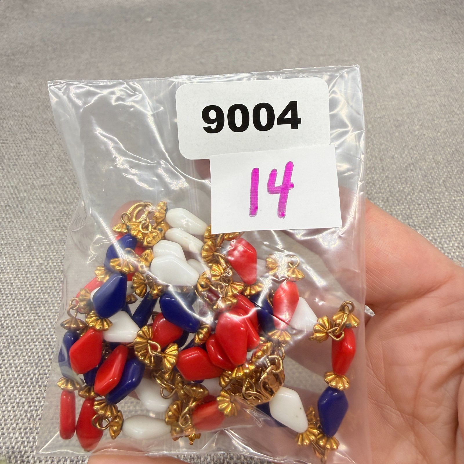 Vintage Necklace Tassel Dangles Red Blue White Acrylic Beads Retro 24 Inches