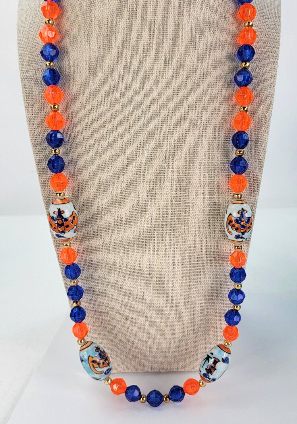 Vintage Asian Themed Hand Painted Clay And Plastic Bead Multicolor Necklace 29″