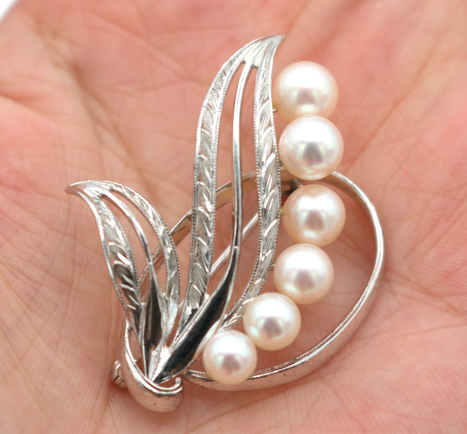 Vintage Mikimoto M S Signed Sterling Silver Akoya 6 Pearl Leaf Pin Brooch 7.15g
