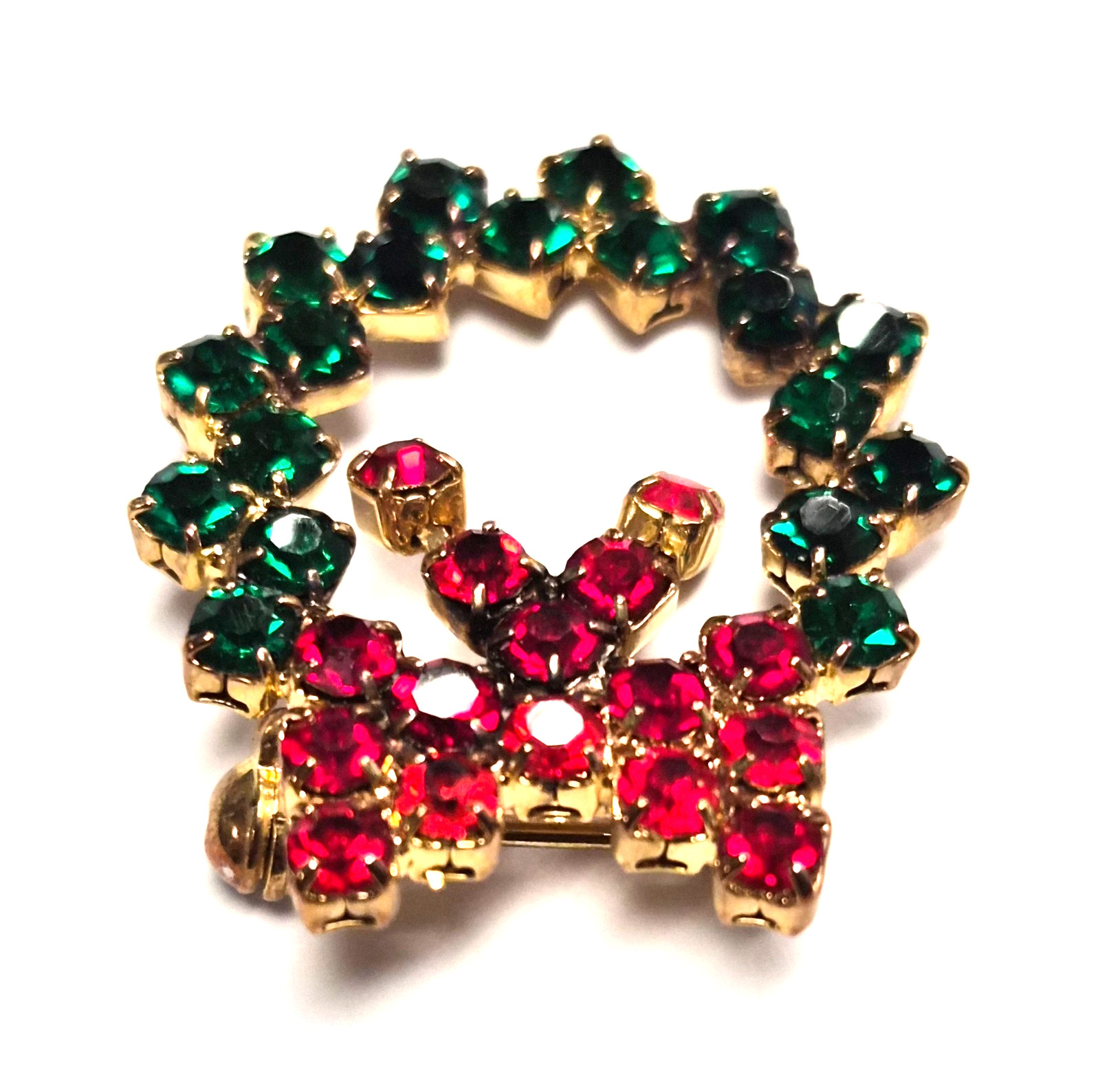 Vintage Small Christmas Red & Green Rhinestone Wreath Lapel Pin / Brooch