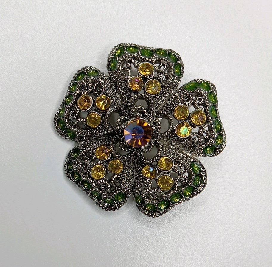 Lime Green And Yellow Rhinestone Flower Pin Brooch