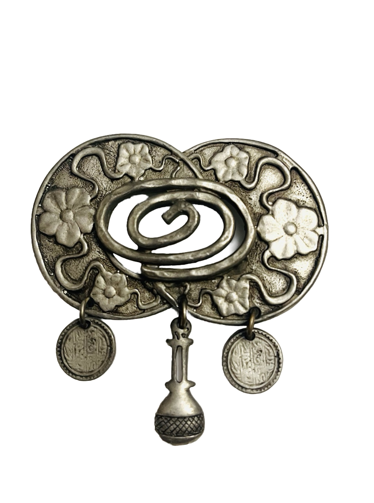 Vintage Renaissance Era Pewter 3 Charm Whimsical Brooch.