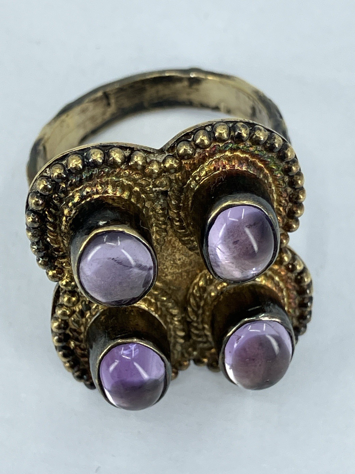 Vintage Sterling Amethyst Ring Boho Cabochon Cluster Gold Wash Silver 925