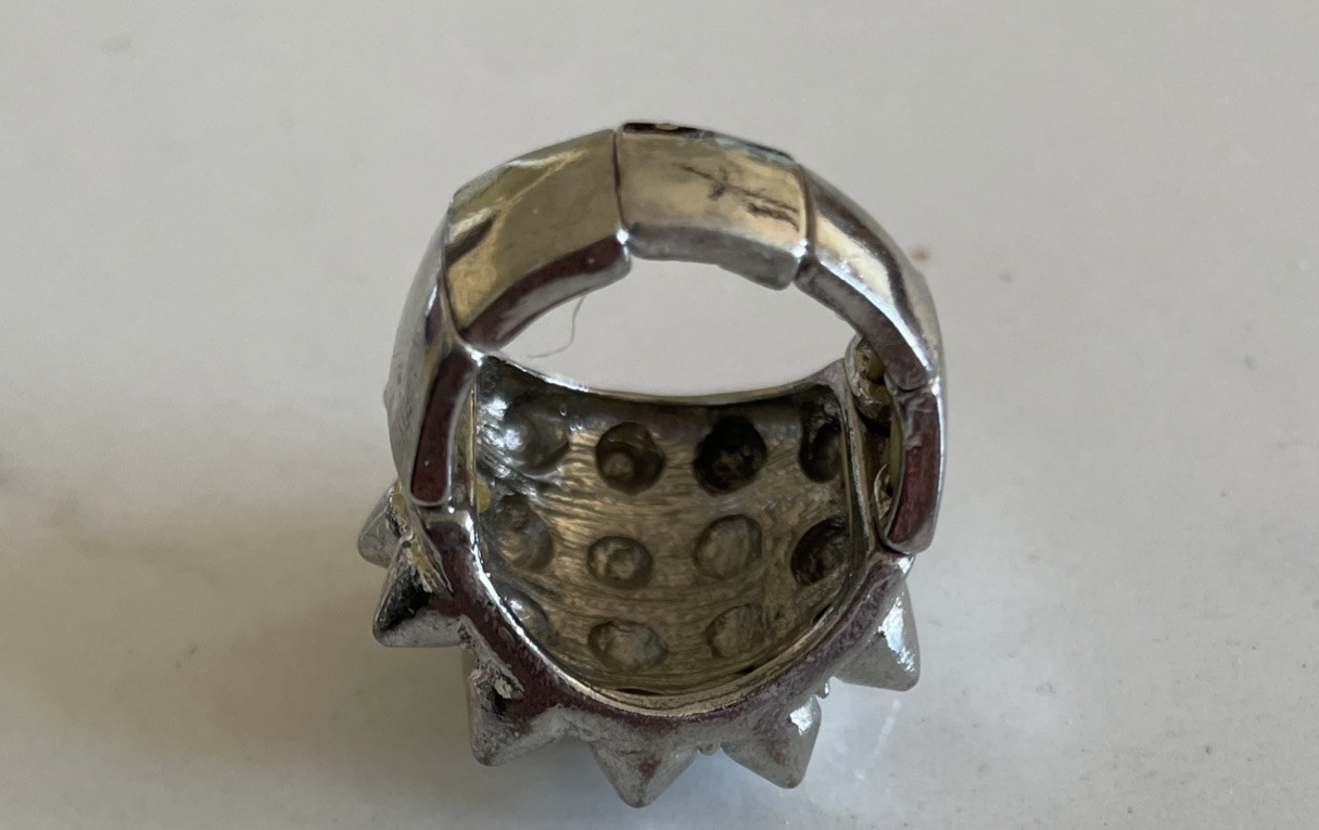 Silver Spiky Domed Ring Stretch Band Clear Stones Sz 12