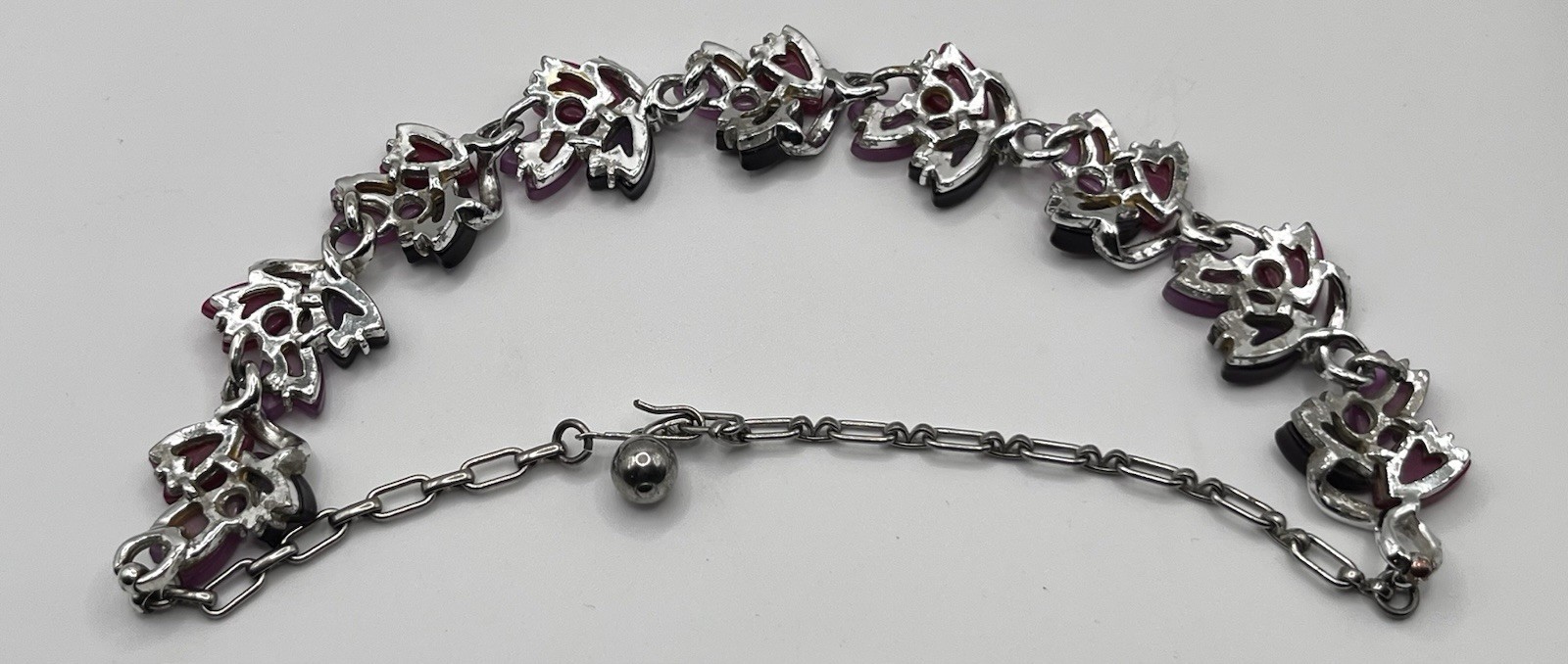 Vintage Purple Pink Fuscia Thermoset Choker Necklace Silver Tone Dainty 14-15”