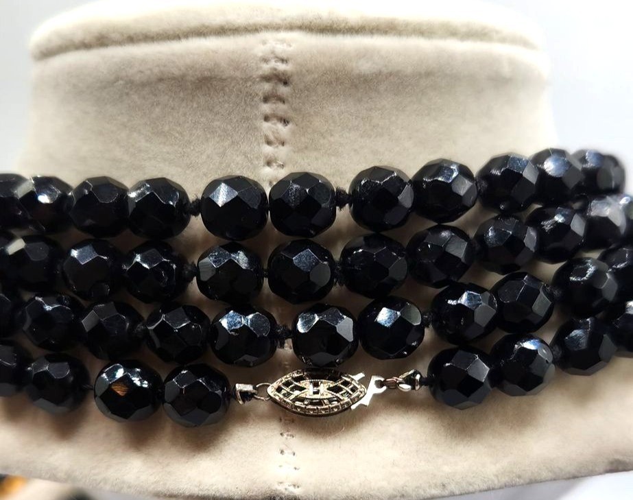 Vintage Multi-Strand Faceted Black Bead Necklace With Silver-Tone Clasp
