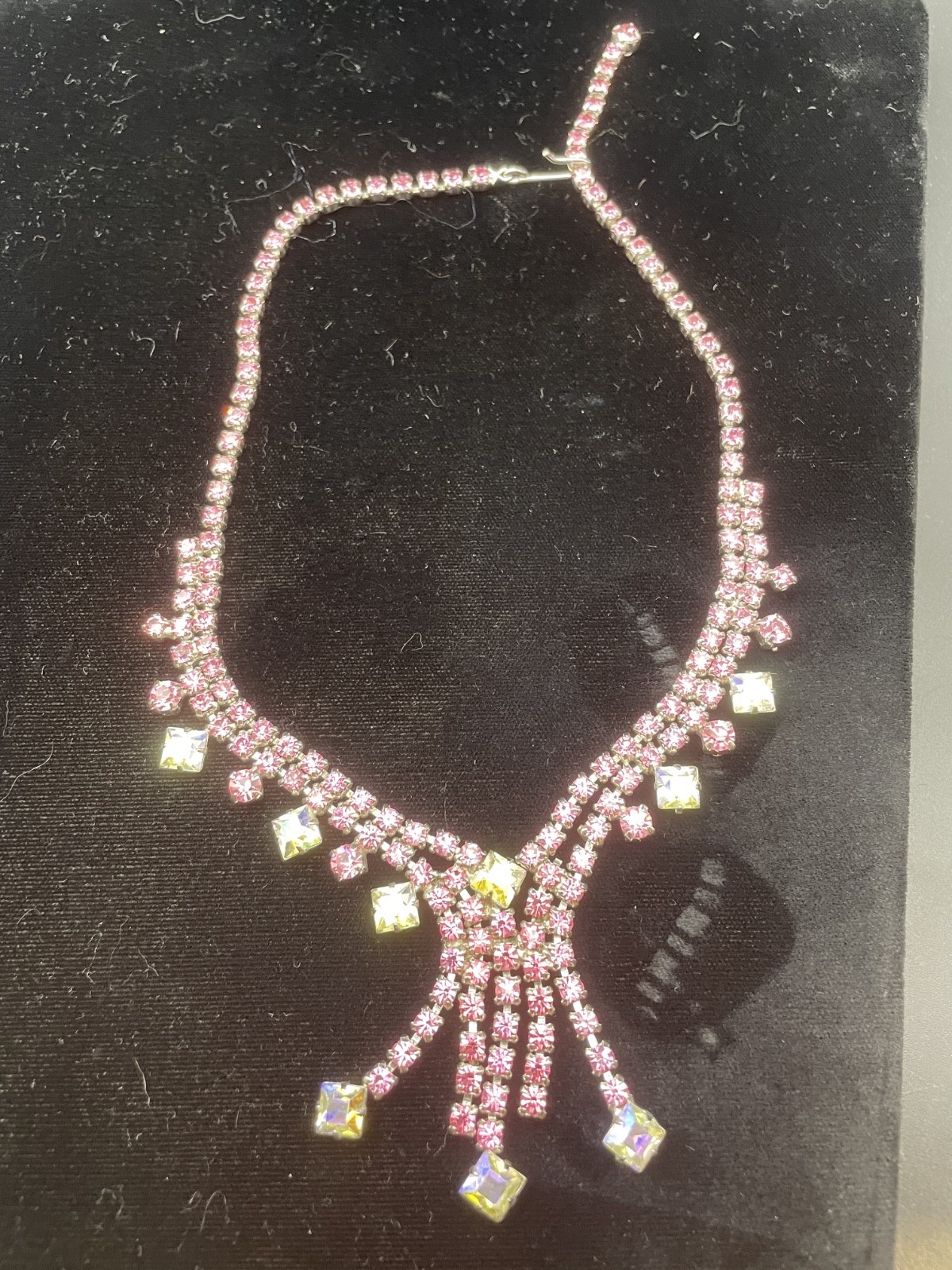 Vintage Art Deco Hook Clasp Pink & Clear Rhinestone Necklace