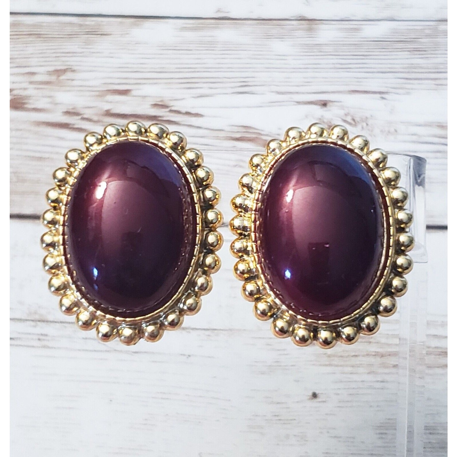 Vintage Clip On Earrings Large Chunky Statement Brown with Gold Tone Halo