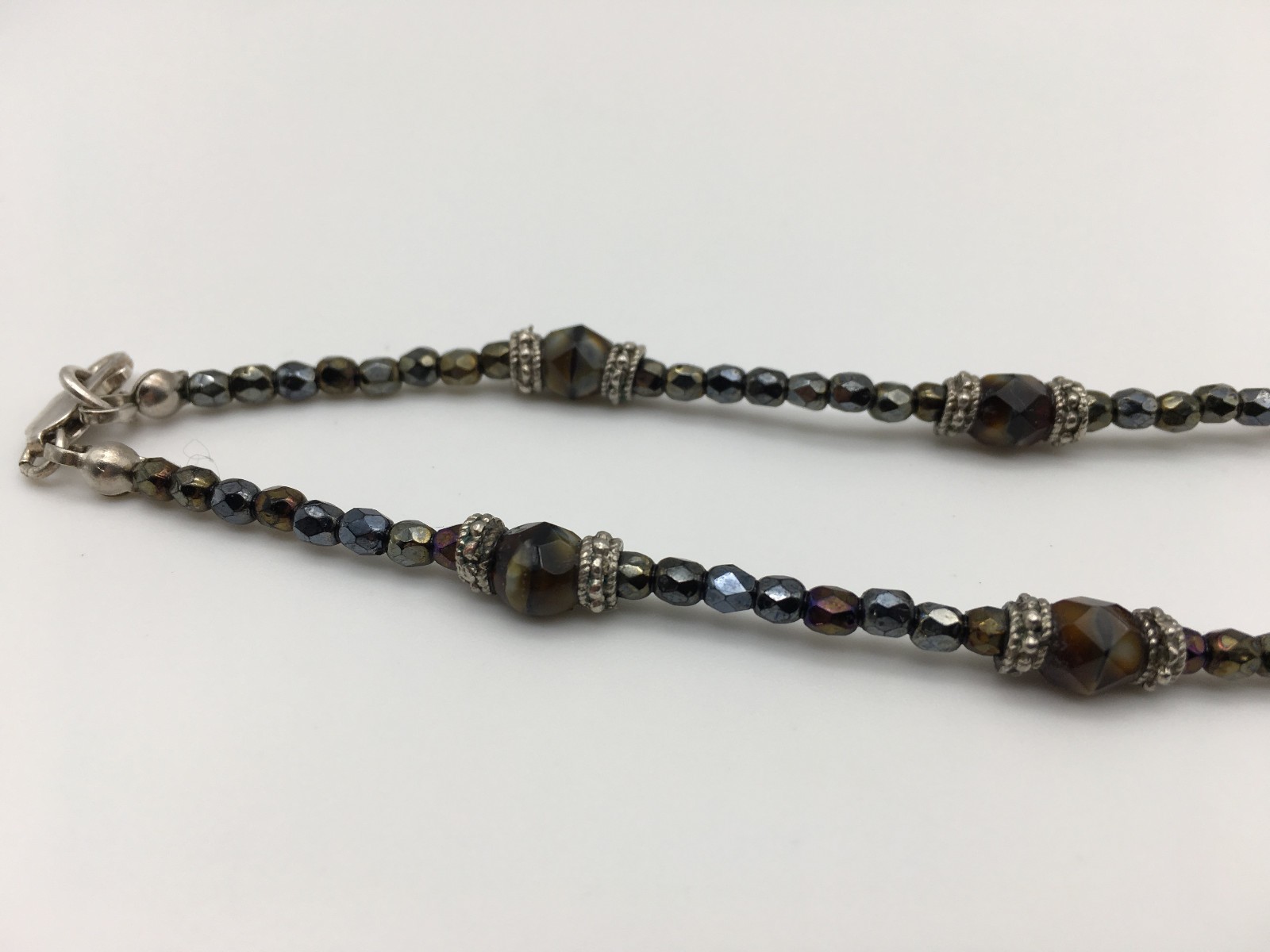 Vintage Blood Stone Pendant Crystal Hematite Czech Beads Sterling 16″ Necklace