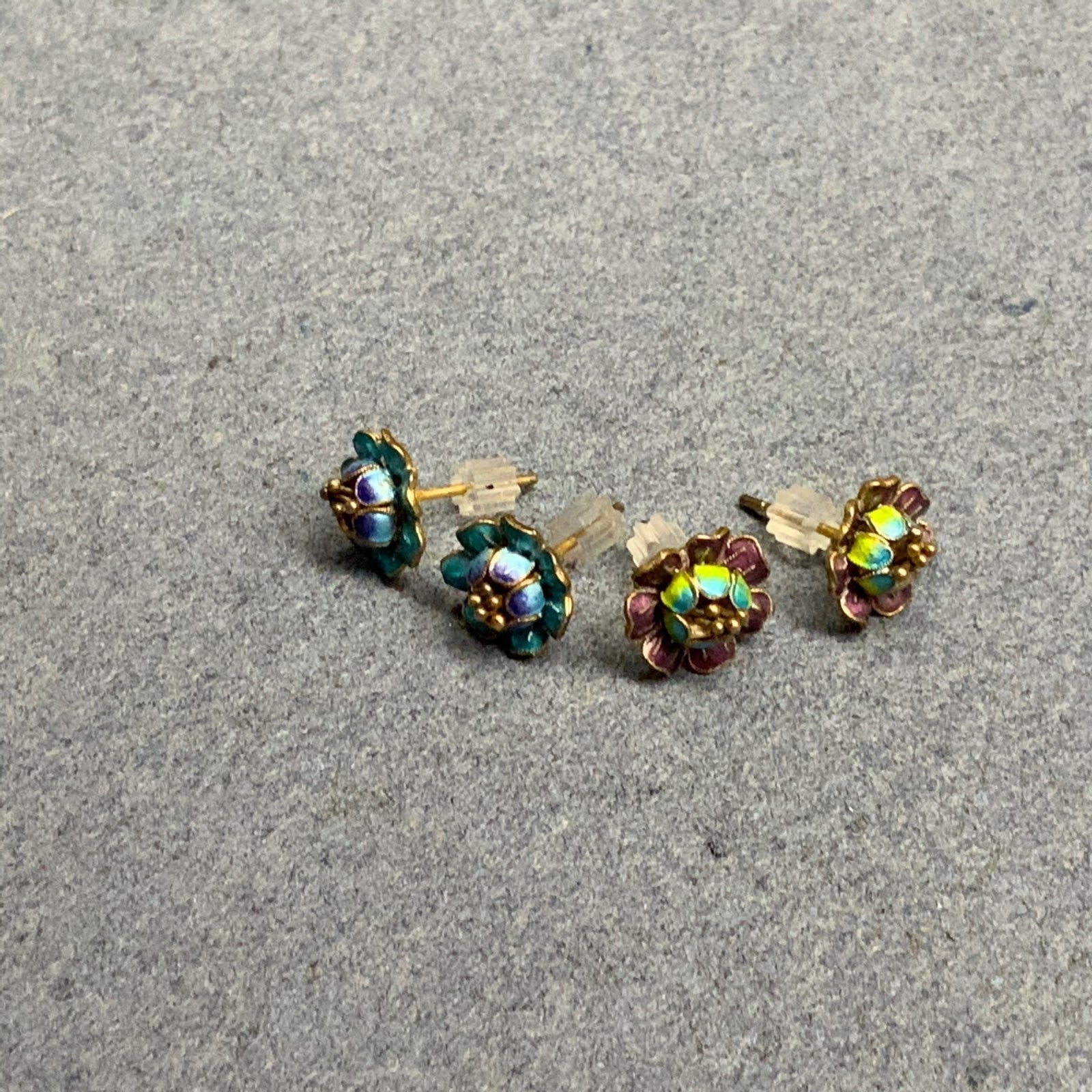 Tiny Flower Stud Earrings 3/8 In 2 Pairs Purple Blue Green Gold Vintage Floral